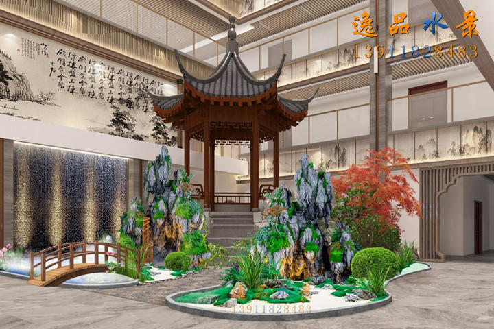 室內(nèi)中庭景觀設(shè)計(jì)水幕墻假山亭子綠植